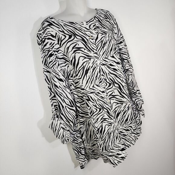 Cynthia Rowley Womens Top 2X 100% Linen Zebra Print Button Long Roll Tab Sleeve - Picture 4 of 7